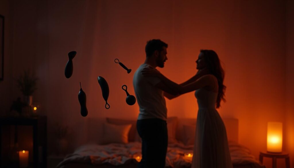 A serene, dimly-lit boudoir scene. In the foreground, a couple engages in sensual edging techniques, their bodies intertwined in a delicate dance. Soft, warm lighting casts an intimate glow, highlighting the tension and anticipation building between them. In the middle ground, various sex toys and accessories float effortlessly, as if suspended in time, symbolizing the experimentation and exploration of advanced pleasure-heightening methods. The background is a hazy, dreamlike expanse, evoking a sense of timelessness and the boundless possibilities of ecstasy. The overall atmosphere is one of sensual, pulsating energy, where the boundaries of control and release are delicately balanced.