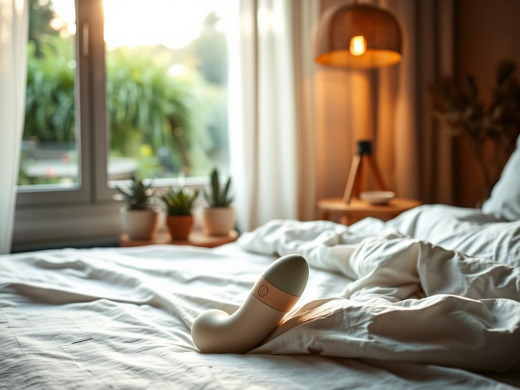 A serene, nature-inspired scene showcasing a sustainable pleasure routine. In the foreground, an eco-friendly, rechargeable vibrator rests on a bed of lush, organic cotton sheets. Warm, diffused lighting from a bamboo lamp casts a soft glow, creating an intimate, calming atmosphere. In the middle ground, potted succulents and a small bowl of natural lubricant complement the minimalist, yet inviting space. The background features a large window overlooking a verdant garden, where the sun's gentle rays filter through sheer linen curtains. The overall mood is one of mindfulness, self-care, and harmony with the natural world.