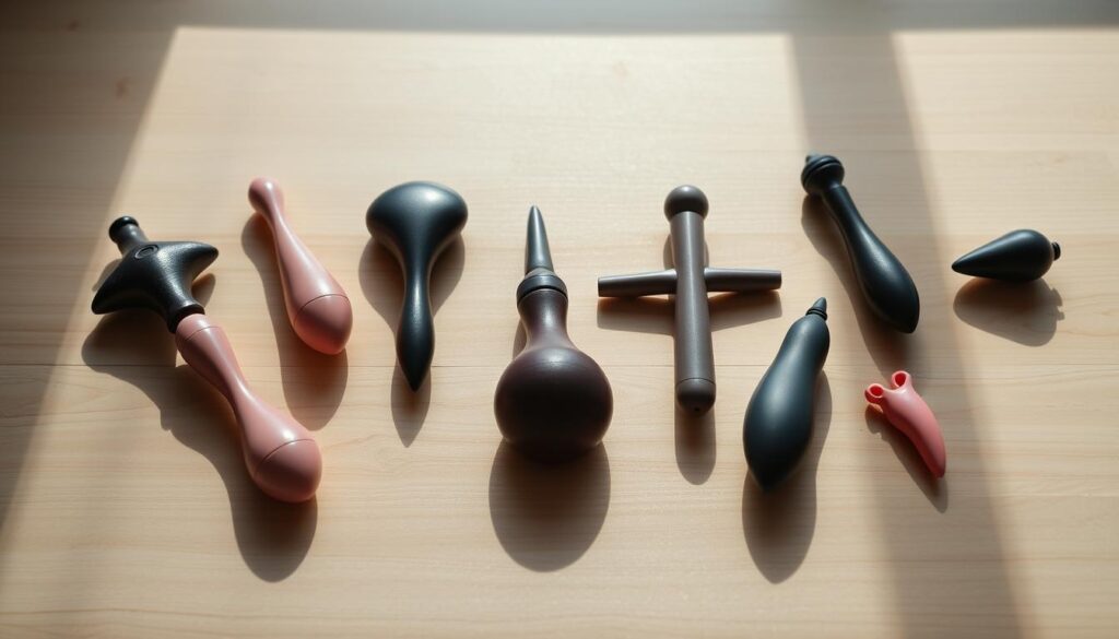 A serene, softly-lit scene depicting a variety of high-quality, tasteful sex toys arranged elegantly on a smooth, wooden surface. The toys are positioned in a visually pleasing, symmetrical layout, casting gentle shadows that add depth and dimension. The overall atmosphere is one of relaxation, sensuality, and the physical benefits of using such tools for stress relief and personal enjoyment. The lighting is natural, emanating from a diffused, overhead source, creating a warm, inviting glow. The camera angle is slightly elevated, providing a clean, unobstructed view of the scene.