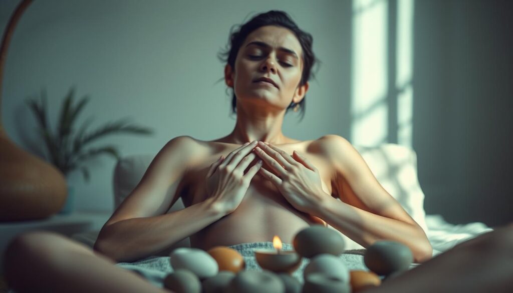 A serene, softly lit scene of mindful self-exploration. In the foreground, the figure rests comfortably, eyes closed, palms gently caressing their body with reverence and intention. The middle ground features carefully selected pleasure objects - smooth, organic shapes in muted tones - arranged within easy reach. The background suggests a tranquil, minimalist environment, devoid of distractions, promoting deep focus and connection. Diffuse, ambient lighting casts a warm, hazy glow, creating an atmosphere of relaxation and self-care. The overall mood is one of self-acceptance, curiosity, and the pursuit of holistic well-being.