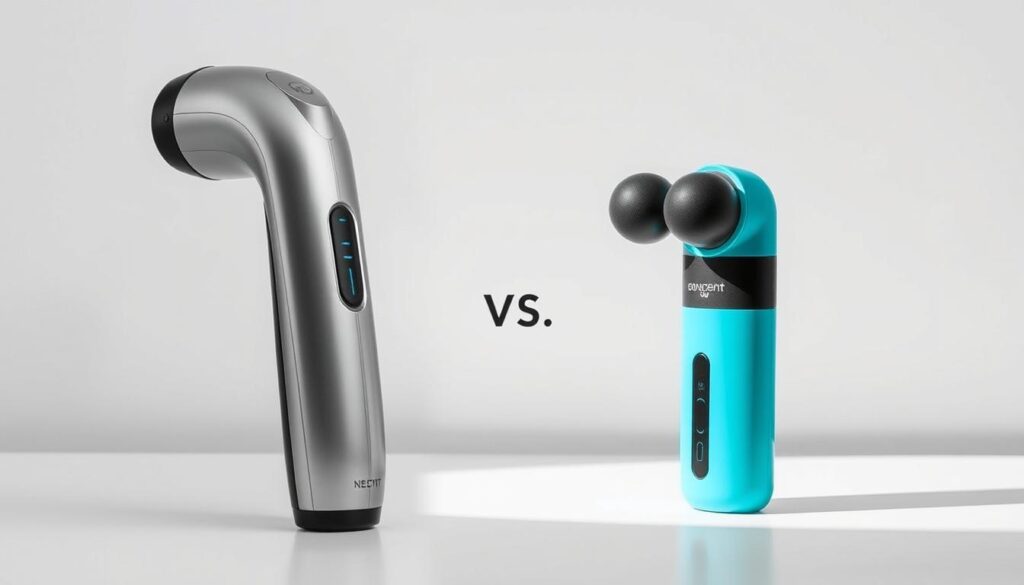A side-by-side comparison of two personal massagers: a sleek, high-tech model with a metallic finish and a more affordable, compact option in a vibrant color. The high-tech massager is illuminated with a soft, diffused glow, while the affordable model is shown in natural light, highlighting its simple, functional design. The background is a minimalist, monochrome setting that allows the two devices to take center stage, emphasizing their distinct characteristics and price points. The image conveys a sense of consideration and balance, inviting the viewer to evaluate the merits of each option.