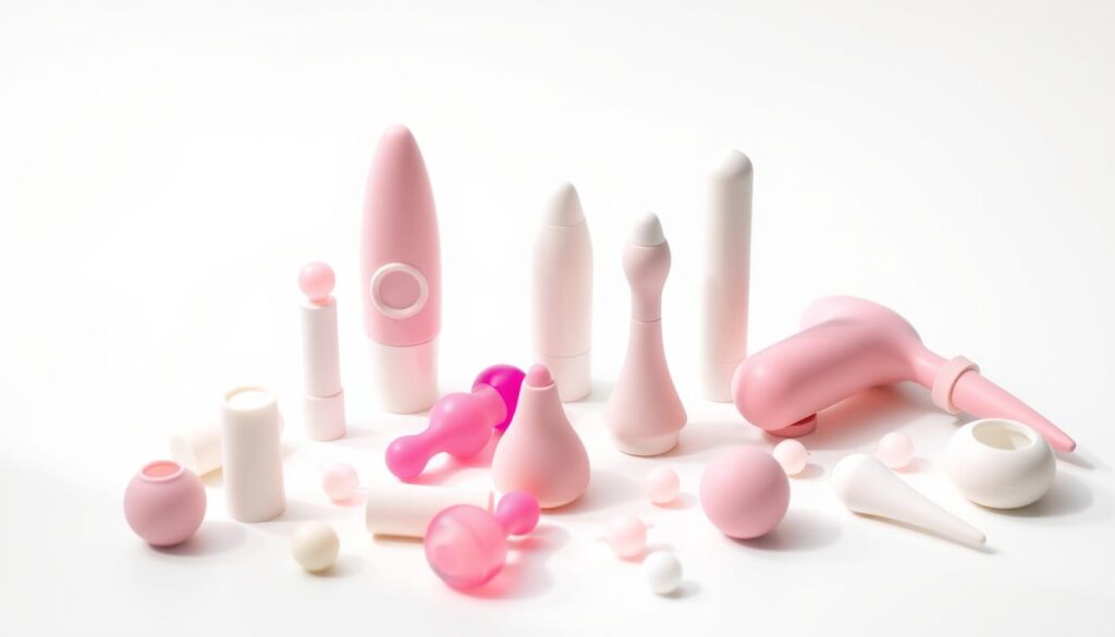 A simple, tasteful still life showcasing a collection of budget-friendly anal sex toys. A variety of smooth, body-safe silicone plugs, beads, and vibrators are artfully arranged on a clean, white background, illuminated by soft, natural lighting. The toys are presented in a way that emphasizes their accessibility and approachability for first-time users, conveying a sense of comfort and empowerment. The overall aesthetic is minimalist and inviting, allowing the products to take center stage without distractions.