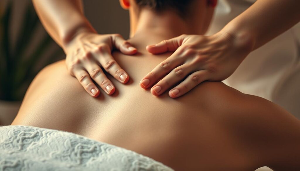 A skilled massage therapist's hands kneading and manipulating the contours of a person's back, shoulders, and neck. The scene is captured with a close-up lens, emphasizing the delicate, graceful movements and the therapeutic, calming atmosphere. Warm, soft lighting casts a gentle glow, creating a serene, intimate ambiance. The model's face is not visible, keeping the focus on the massage technique. The composition highlights the therapist's hands and the recipient's relaxed, receptive posture, conveying the synergy and connection between the two.