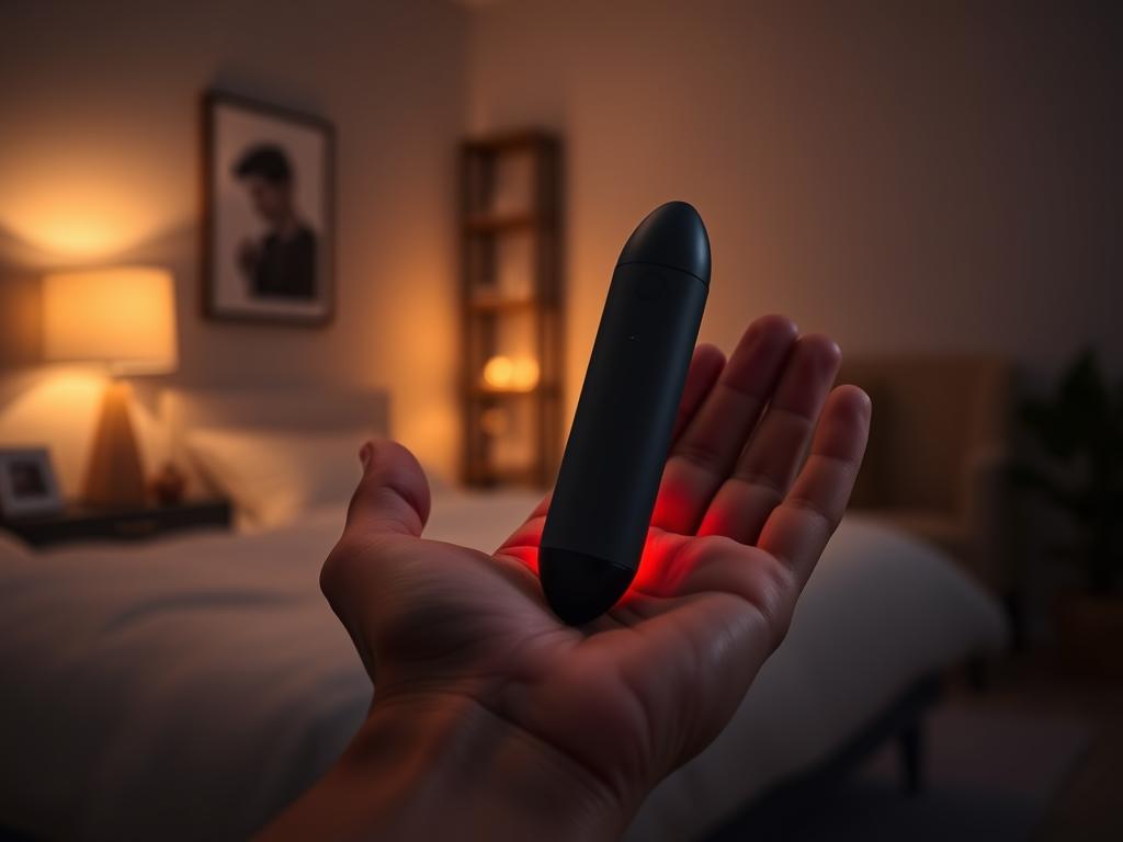 A sleek and discreet remote-controlled vibrator rests in the palm of a hand, its smooth and unassuming exterior belying the thrilling sensations it can deliver. The device is backlit by a warm, ambient light, casting a soft glow and creating an intimate, sensual atmosphere. In the background, a dimly lit room with clean, minimalist decor sets the stage for private, pleasurable exploration. The composition emphasizes the versatility and discretion of remote-controlled intimate toys, inviting the viewer to imagine the possibilities for discreet, thrilling fun.