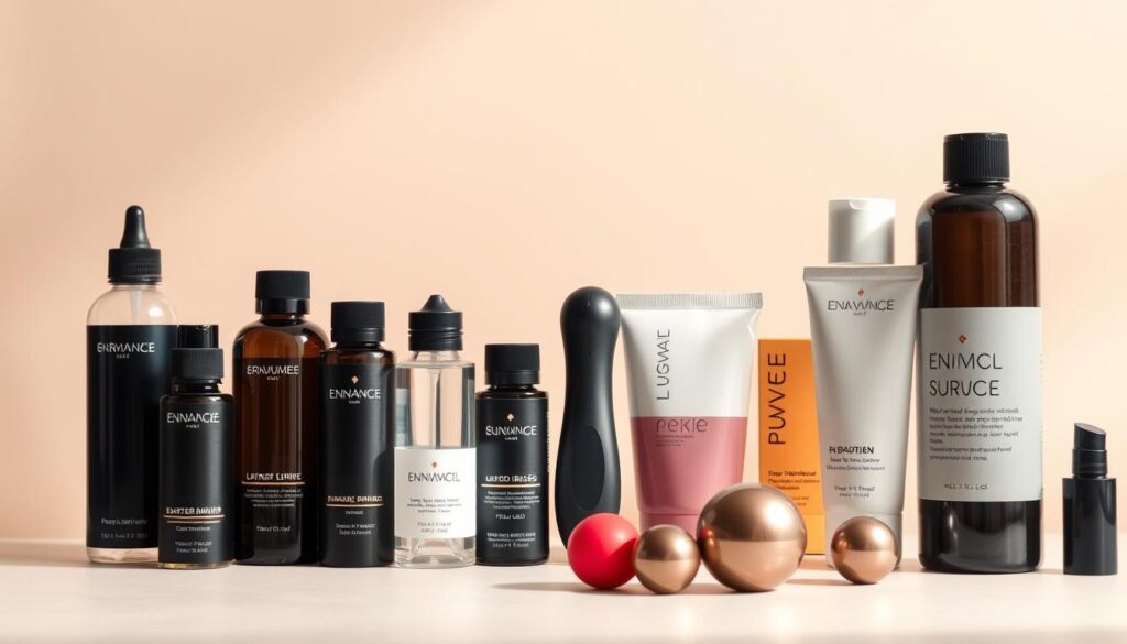 A sleek and minimalist still life composition showcasing an assortment of high-quality lubes and accessories for personal pleasure. In the foreground, various sized bottles and tubes of water-based, silicone, and hybrid lubricants are arranged with care, their labels clearly visible. In the middle ground, a selection of modern, discreet sex toys - a slim vibrator, a sensual massager, and a set of metal ben-wa balls - are displayed alongside the lubes. The background is a soft, neutral backdrop that allows the products to take center stage, enhancing their alluring and sophisticated aesthetic. Soft, natural lighting from an overhead source creates a warm, inviting atmosphere, accentuating the premium, luxury quality of the items. The overall mood is one of refined sensuality, inviting the viewer to explore new ways of elevating their intimate experiences.