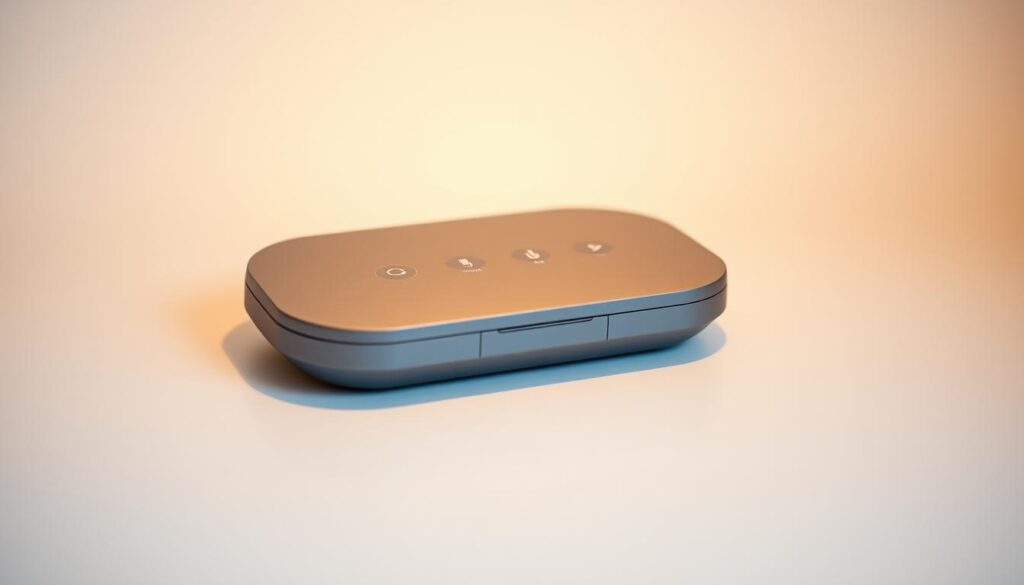 A sleek and modern USB-rechargeable device with intuitive touch controls and an elegant, minimalist design. The device sits atop a clean, uncluttered surface, bathed in soft, warm lighting that highlights its subtle curves and matte finish. The control panel is responsive and seamless, with discreet icons that guide the user's interactions. The device's minimal silhouette and harmonious color palette convey a sense of sophistication and effortless functionality, perfectly suited for the "Portable and subtle options" article section on "Intuitive Controls and USB Rechargeability".
