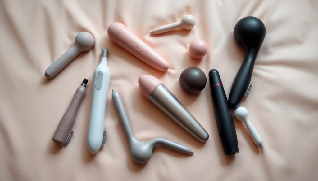 A sleek and modern array of high-quality personal massagers, arranged artfully on a soft, pale surface. The toys feature streamlined, ergonomic designs in a range of subtle, sophisticated hues. Soft, diffused lighting illuminates the scene, creating a sense of intimacy and allure. The image conveys a message of empowerment, pleasure, and the accessible nature of these discreet, effective tools for achieving rapid, fulfilling orgasms.