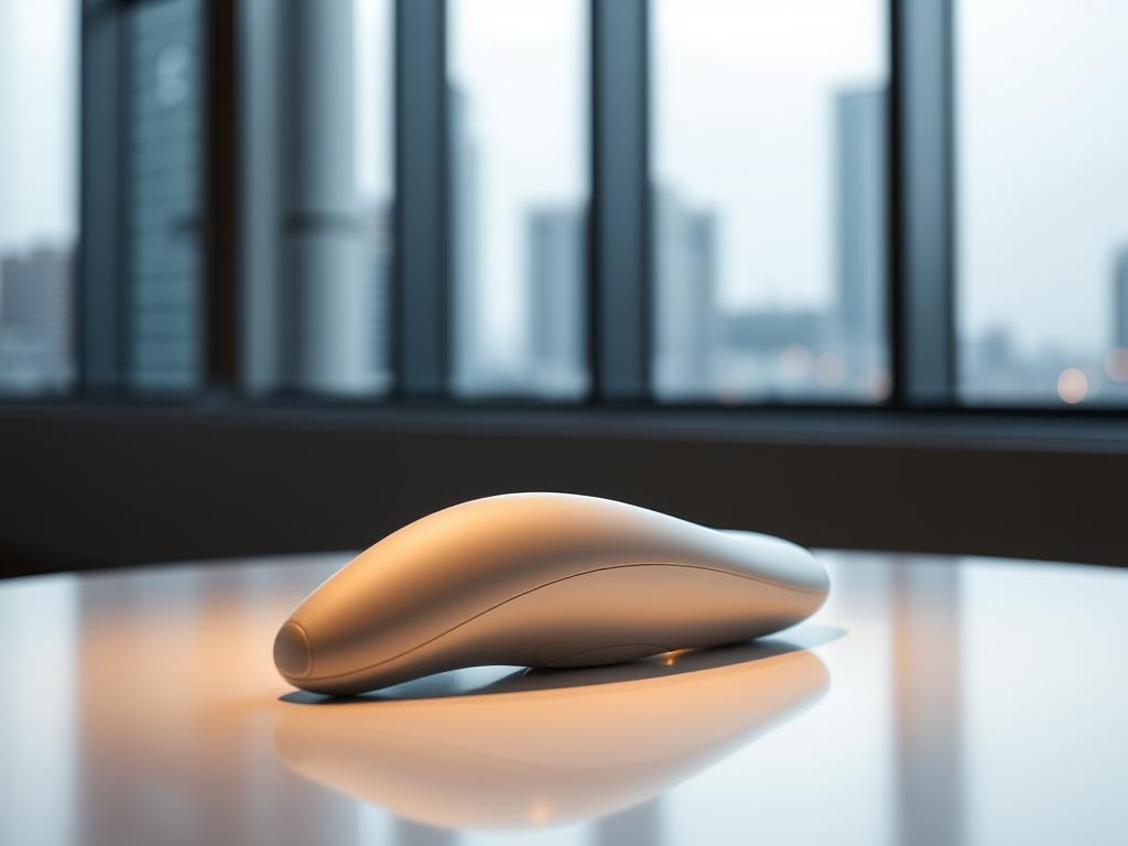 A sleek and modern-looking app-controlled sex toy rests on a minimalist, white table, its elegant curves and discreet design hinting at its technological capabilities. The toy is illuminated by soft, ambient lighting, creating a serene and intimate atmosphere. In the background, a blurred cityscape can be seen through a large window, suggesting a high-tech, urban setting. The overall composition conveys a sense of sophistication, convenience, and the seamless integration of technology into intimate experiences.