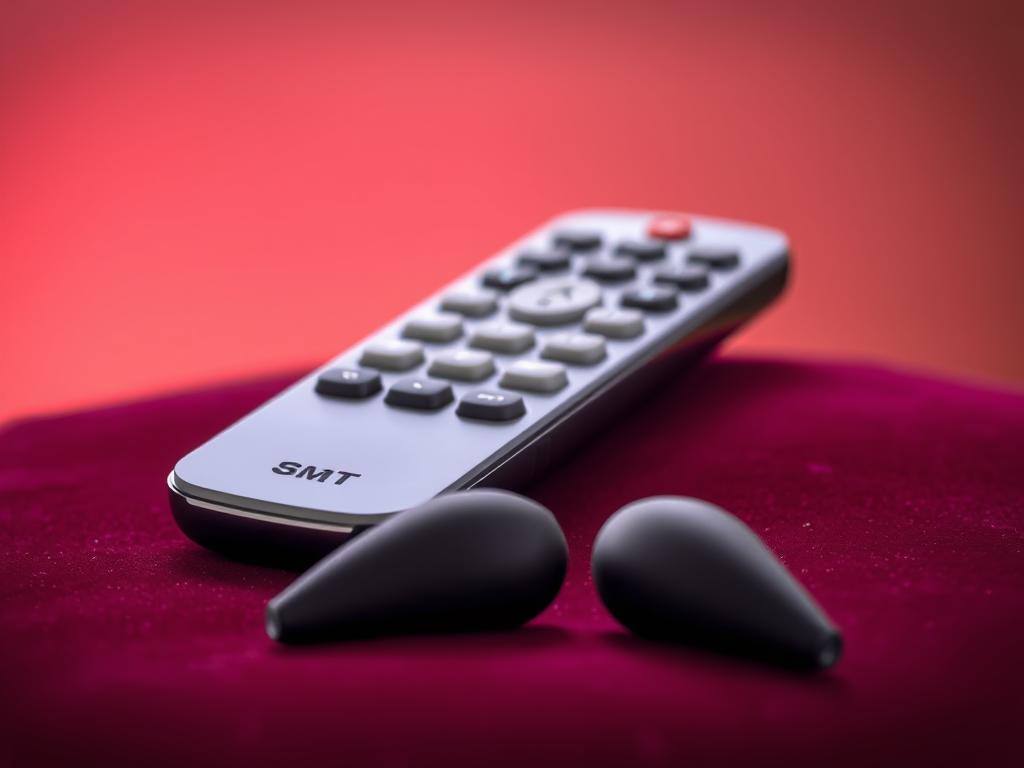 A sleek, chrome-finished remote control nestled atop a plush, burgundy velvet surface, its buttons gleaming in the soft, diffused light. In the foreground, a pair of discreet, minimalist sex toys emerge, their subtle curves and matte finishes hinting at their purpose. The background fades into a warm, soothing gradient, creating a sense of intimacy and sophistication. The overall composition conveys the seamless integration of technology and pleasure, a testament to the refined design and functionality of remote-controlled intimacy devices.