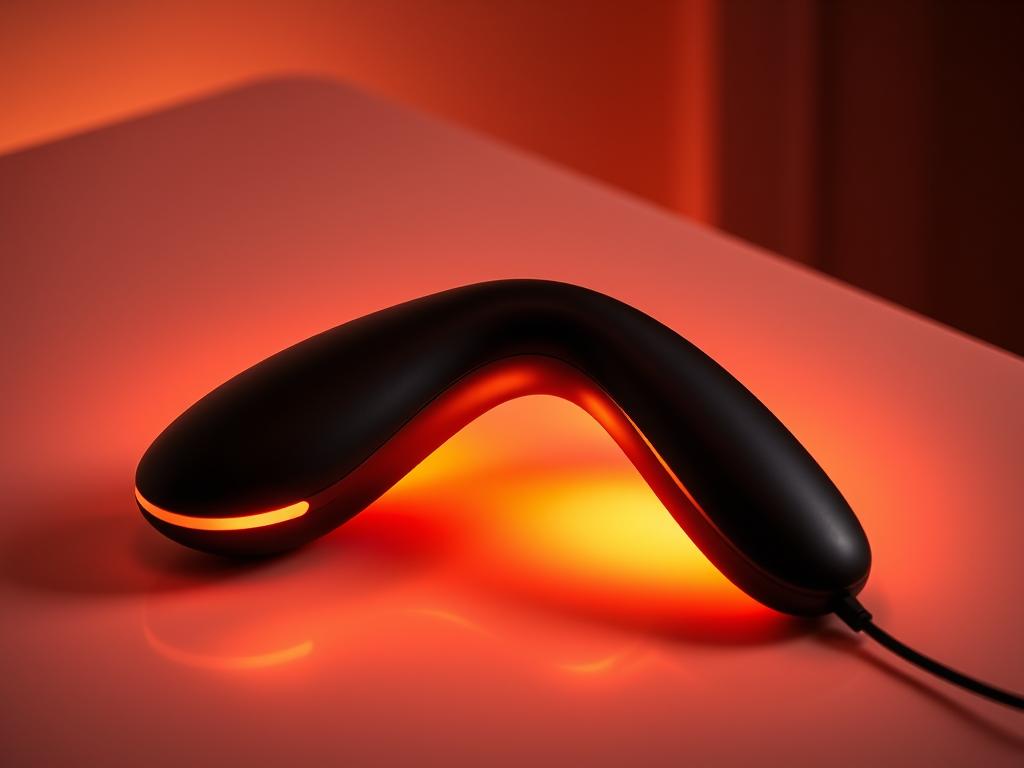 A sleek, contemporary remote-controlled heating sex toy, resting on a softly illuminated, minimalist surface. The device's streamlined, ergonomic design radiates a gentle warmth, creating an inviting, sensual atmosphere. Warm, ambient lighting casts subtle shadows, highlighting the toy's smooth, premium materials. The scene conveys a refined, high-end aesthetic, evoking a sense of modern luxury and intimate indulgence.