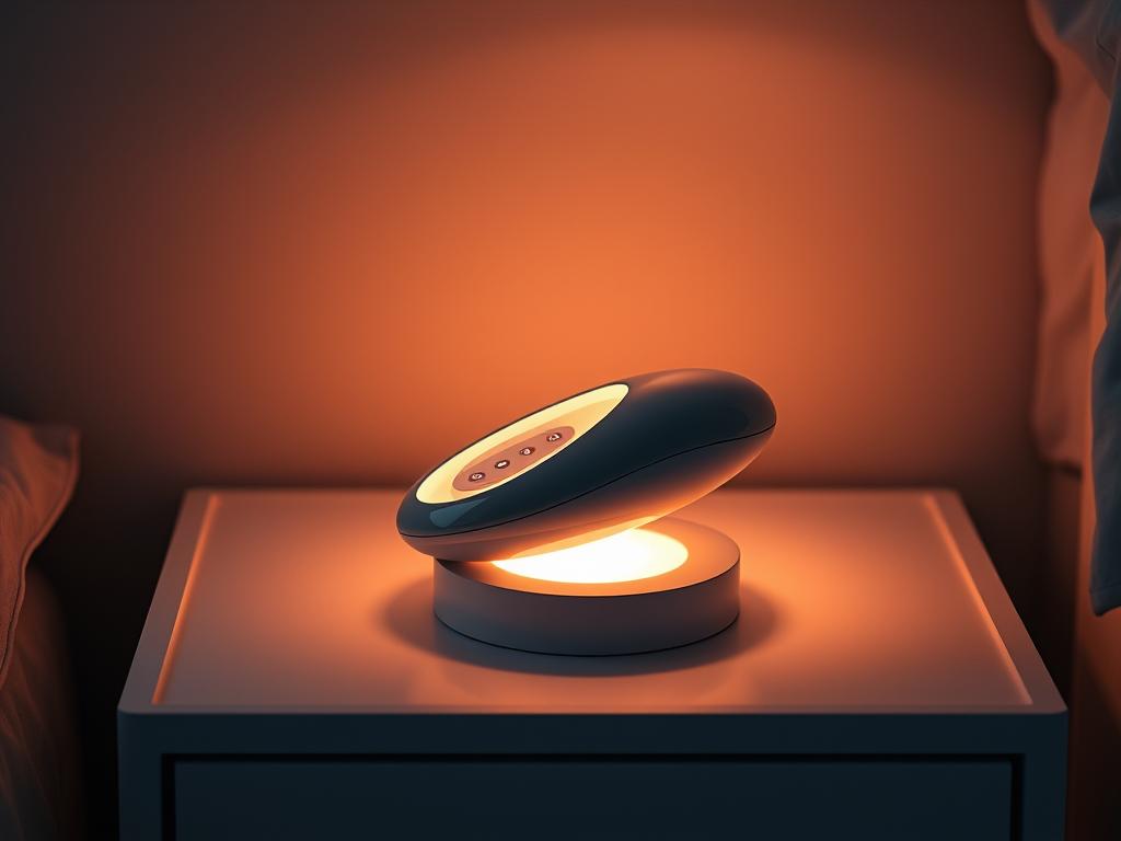 A sleek, contemporary sex toy resting on a minimalist nightstand, its smooth contours illuminated by a soft, warm glow. The device hovers above the surface, its interior mechanisms pulsing with subtle vibrations, responding to discreet voice commands. The surrounding space is muted and serene, evoking a sense of intimacy and personal comfort. The lighting, slightly diffused, casts a gentle, flattering shadows that accentuate the toy's elegant design. The overall mood is one of refined sensuality, inviting the viewer to imagine the pleasurable possibilities of voice-activated intimacy.