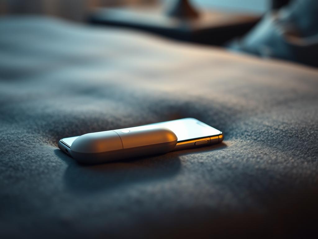 A sleek, discreet vibrator rests on a plush, charcoal-gray surface, its companion smartphone lying nearby. The device is backlit with a soft, ambient glow, casting gentle shadows that accentuate its minimalist, user-friendly design. The scene is captured through a shallow depth of field, keeping the vibrator in sharp focus while the surrounding area is subtly blurred, conveying a sense of privacy and intimacy. The lighting is warm and inviting, creating an atmosphere of comfort and discretion. The overall tone is one of modern sophistication, reflecting the thoughtful integration of technology and personal well-being.