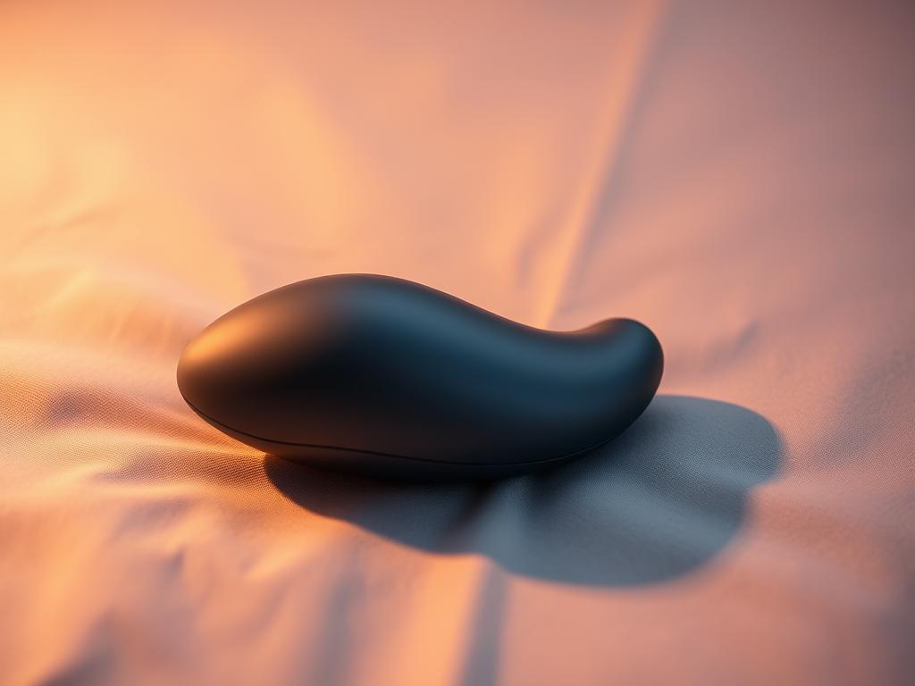 A sleek, discreet vibrator rests on a soft, muted surface, its form subtly accentuated by gentle, warm lighting. The device's matte finish and understated curves convey a sense of refined sophistication, hinting at its powerful yet whisper-quiet capabilities. The image captures the vibrator's minimalist design, emphasizing its suitability as a versatile, remote-controlled clitoral stimulator that seamlessly blends into any intimate setting.
