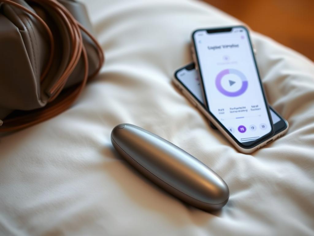 A sleek, discreet, waterproof vibrator rests on a soft, luxurious surface, its surface gently reflecting ambient lighting. The device is elegantly designed, with a minimalist, modern aesthetic. Nearby, a smartphone displays a customizable control interface, allowing for precise, long-distance manipulation of the vibrator's intensity and patterns. The overall scene conveys a sense of intimacy, connection, and sensual pleasure, perfect for enhancing a long-distance relationship.