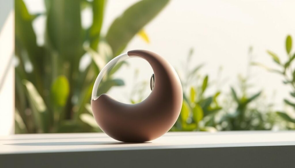 A sleek, eco-friendly compact vibrator design, crafted with sustainable materials. In the foreground, a minimalist silhouette in muted tones, its curves accentuated by soft, natural lighting. The middle ground features a transparent casing, revealing the innovative, power-efficient mechanism within. In the background, a serene, nature-inspired setting with lush greenery and a calming color palette, emphasizing the product's harmony with the environment. The overall impression is one of modern elegance, thoughtful design, and a commitment to sustainability.