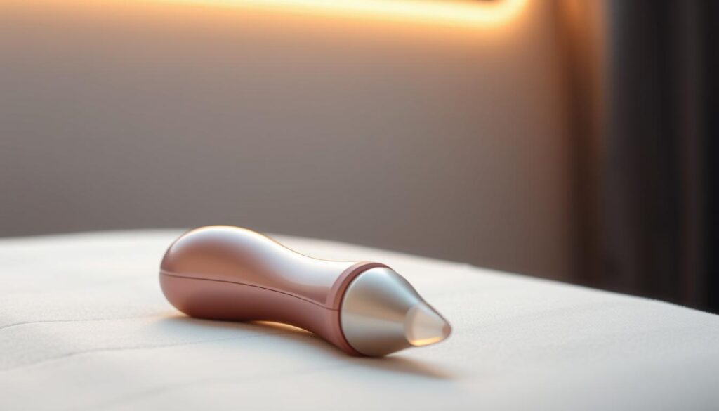 A sleek, elegant clitoral suction toy rests on a soft, velvety surface. The device's compact, ergonomic form is illuminated by warm, diffused lighting, casting a flattering glow. In the foreground, the toy's precision-engineered suction head is prominently displayed, highlighting its advanced air pulse technology. The middle ground features a minimalist, high-end backdrop, creating a sense of sophistication and refinement. The overall mood is one of modern luxury, inviting the viewer to imagine the transformative sensations this specialized pleasure tool can provide.