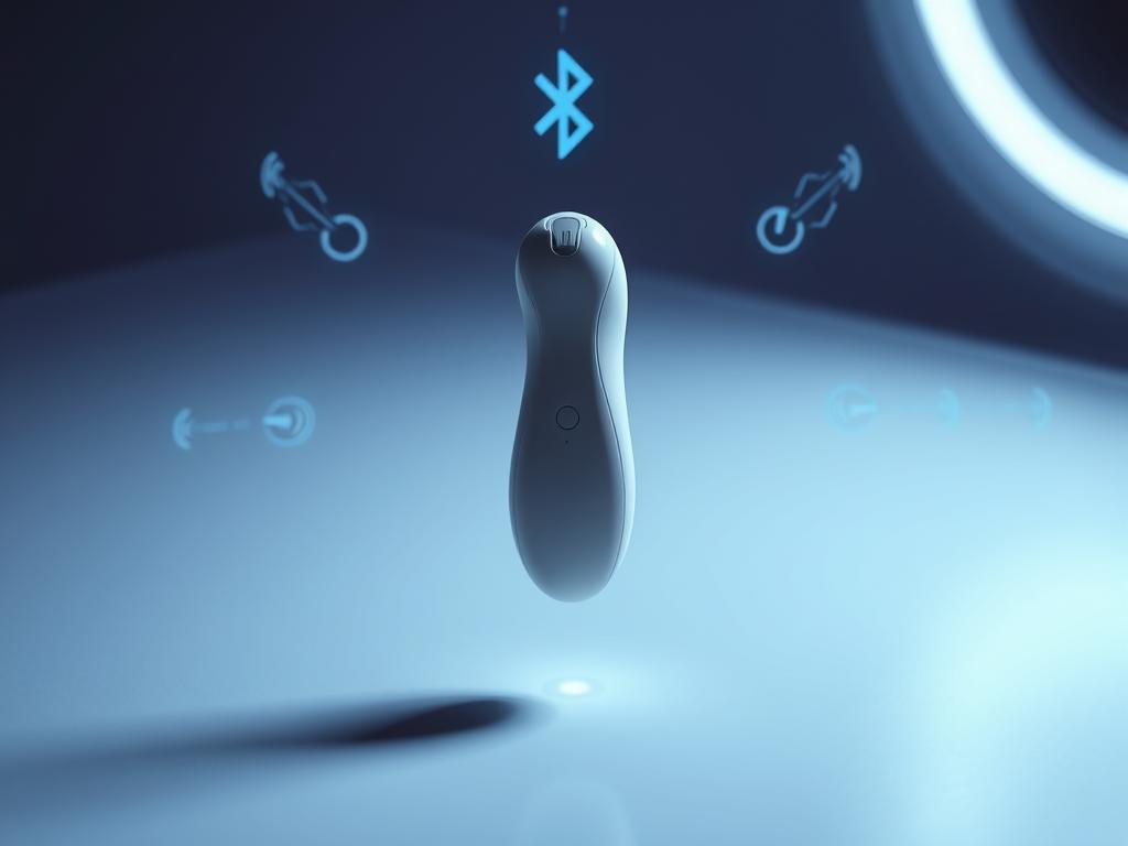 A sleek, futuristic-looking sex toy with a minimalist, ergonomic design hovers in the center of the frame, its surfaces subtly illuminated by soft, diffused lighting. In the background, a series of Bluetooth connectivity icons and symbols radiate outward, creating a sense of advanced, wireless technology. The overall atmosphere is one of discreet, high-tech intimacy, conveying the quiet, remote-controlled capabilities of this innovative pleasure device.