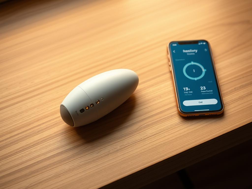 A sleek, high-tech app-controlled vibrator rests on a minimalist wooden surface, its smooth body gleaming under warm, indirect lighting. The device's subtle curves and soft colors evoke a sense of modern, discreet sophistication. Buttons and LED indicators along the side allow for precise control, while the companion mobile app, displayed on a nearby smartphone, showcases an intuitive interface for seamless remote operation. The overall scene conveys a balanced, elegant aesthetic, inviting the user to explore the device's capabilities and integrate it discreetly into their intimate experiences.