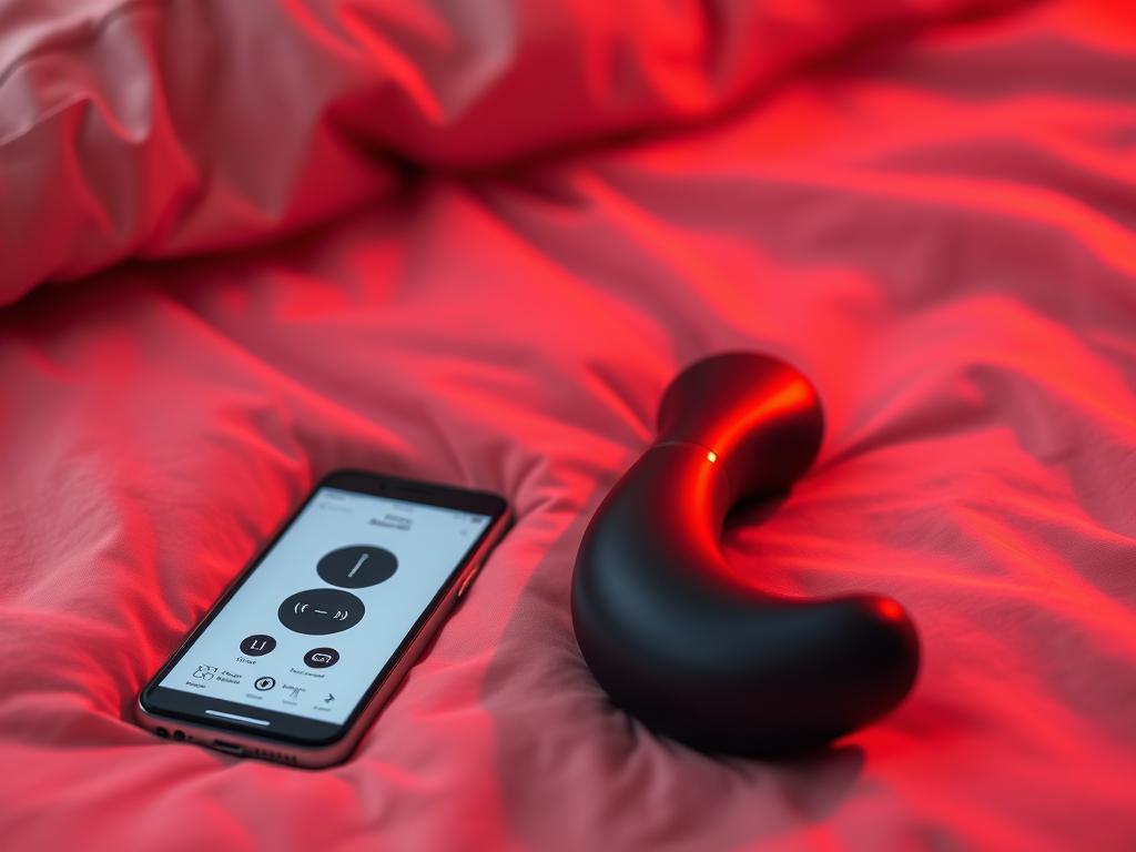 A sleek, modern app-controlled sex toy rests on a soft, rose-colored bedsheet. The device's smooth, ergonomic curves are illuminated by warm, diffused lighting, creating an intimate, sensual atmosphere. The toy's interface is displayed on a nearby smartphone, showcasing intuitive touch controls and customizable vibration patterns. The background is blurred, keeping the focus solely on the elegant, discreet design of the pleasure product, designed for long-distance intimacy between partners.