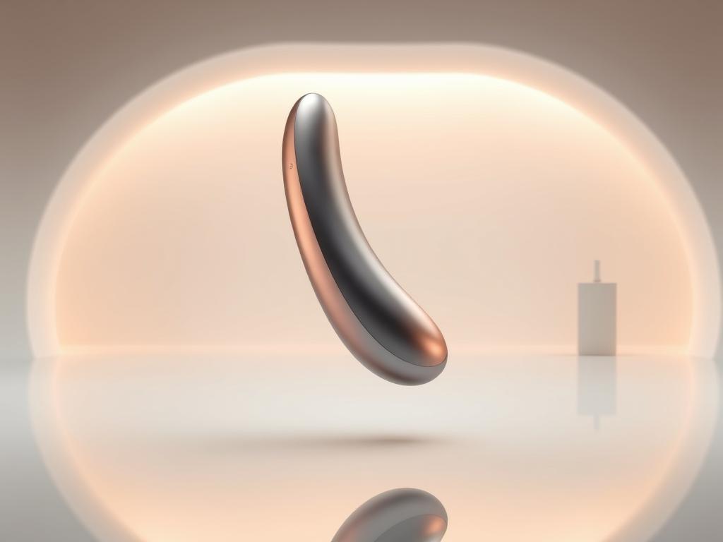 A sleek, modern app-controlled vibrator hovers above a reflective surface, its elegant curves illuminated by soft, diffused lighting. The device's surface gleams with a subtle, metallic sheen, hinting at the advanced technology within. In the background, a minimalist, futuristic setting suggests a world where pleasure is seamlessly integrated with digital innovation. The overall composition conveys a sense of sophistication, sensuality, and the evolution of intimate technology.