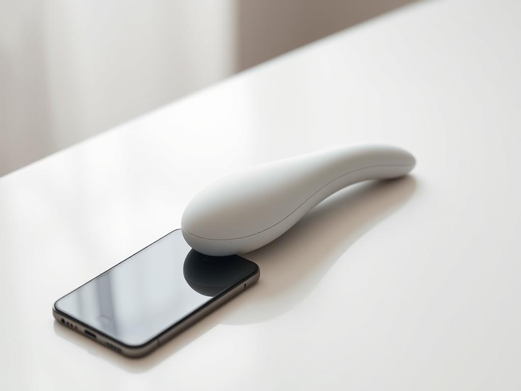 A sleek, modern app-controlled vibrator rests on a minimalist white surface, its elegant curves and discreet design suggesting the seamless integration of technology and intimate pleasure. Soft, diffused lighting bathes the scene, creating an atmosphere of quiet sophistication. The vibrator's streamlined, body-safe silicone form is accentuated by precise, high-resolution details, inviting the viewer to imagine the sensations it can deliver, wirelessly controlled by a nearby smartphone. The overall composition conveys the key benefits of app-enabled intimate devices: discreet, intuitive, and empowering the user's personal experiences.