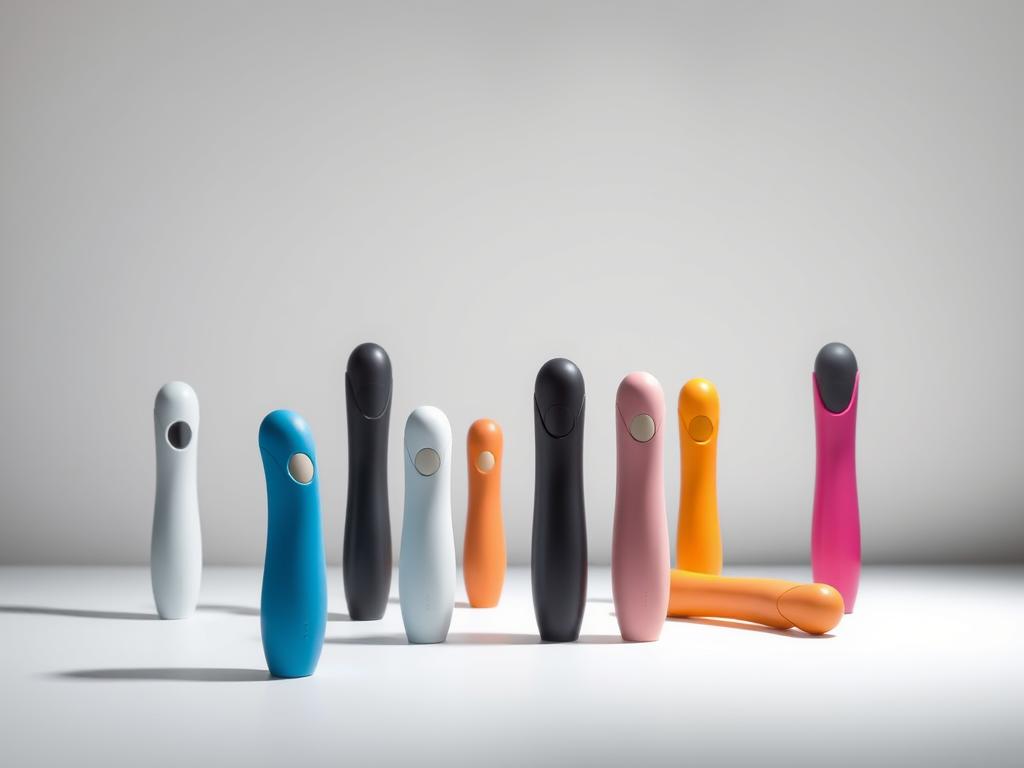A sleek, modern arrangement of various app-controlled vibrators in a minimalist, well-lit setting. The vibrators are displayed prominently in the foreground, their smooth, streamlined designs and colored finishes accentuated by soft, directional lighting. The background is a simple, neutral backdrop, allowing the vibrators to be the central focus. The overall mood is one of sophisticated elegance and technological innovation, conveying the advanced, discreet nature of these app-controlled pleasure devices.