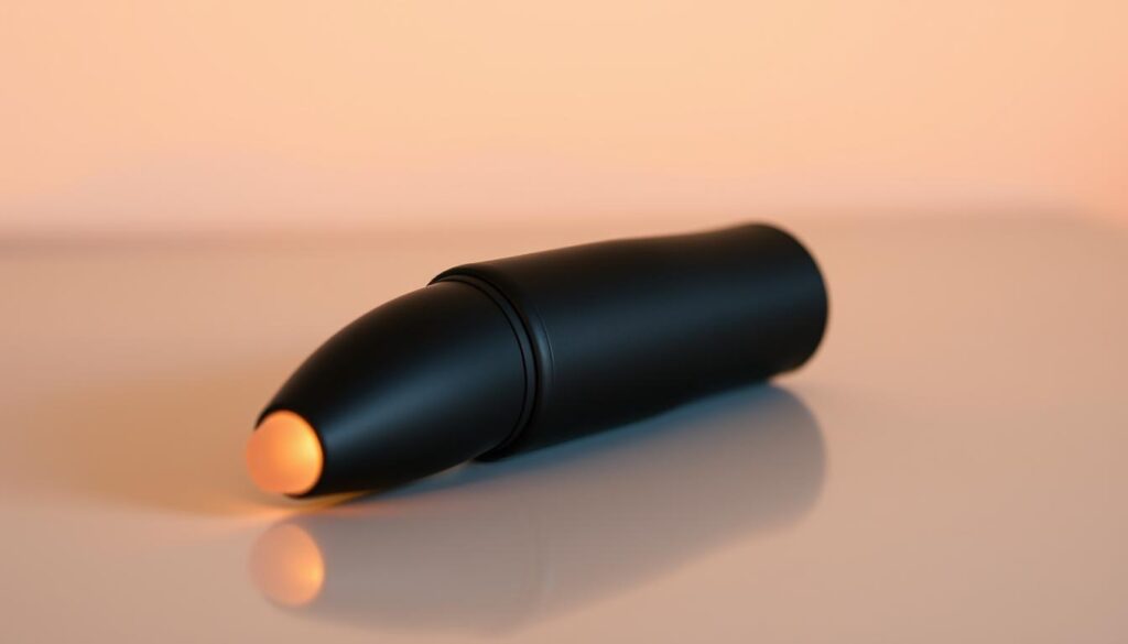 A sleek, modern bullet vibrator rests atop a smooth, minimalist surface, its matte black casing gleaming softly under warm, diffused lighting. The device's streamlined, ergonomic design is accentuated by clean lines and subtle curves, conveying a sense of sophisticated simplicity. In the foreground, the vibrator's smooth, tapered tip is subtly illuminated, hinting at its discreet yet powerful functionality. The background fades into a soft, neutral tone, allowing the vibrator to take center stage as the focal point of the image, a stylish and inviting representation of a beginner-friendly intimate accessory.