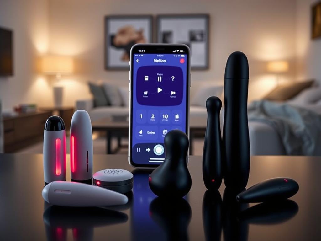 A sleek, modern composition showcasing the key features of app-controlled sex toys. In the foreground, a selection of discreet, high-tech devices in chic, minimalist designs, their LED indicators softly glowing. The middle ground features a smartphone, its screen displaying a user-friendly app interface with intuitive controls and customization options. The background sets the scene with a clean, contemporary living space, subtle mood lighting, and a calming, neutral color palette. The overall impression is one of sophistication, discretion, and technological innovation, capturing the essence of the "Top Features to Look for in App-Controlled Sex Toys" section.