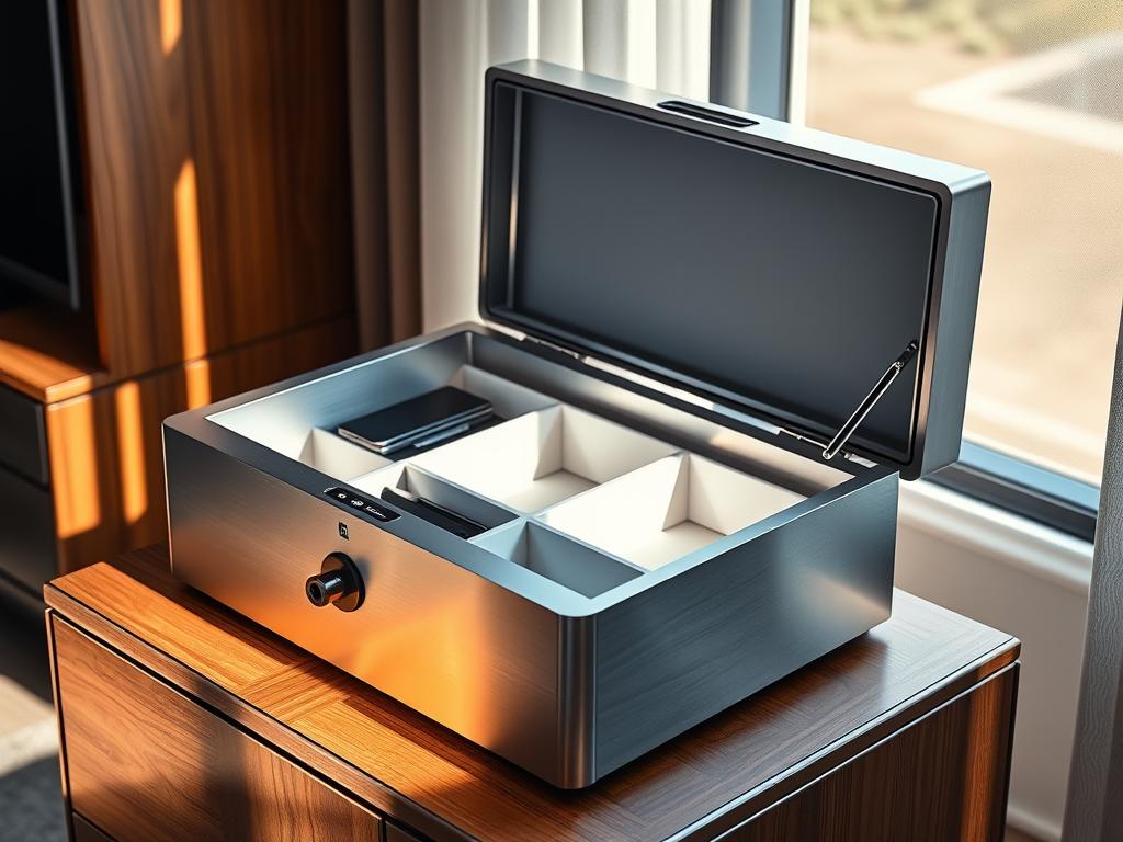 A sleek, modern lockable storage box in brushed stainless steel, with sharp, clean lines and a minimalist design. The box features a sturdy, tamper-evident locking mechanism, operated by a discreet keypad. Soft LED lighting illuminates the interior, revealing custom-molded compartments to neatly store a variety of discreet personal items. The box sits atop a wood veneer base, with a subtle, shiny chrome trim for an elegant touch. Natural light from a nearby window casts warm, diffused shadows, creating a sense of privacy and security. The overall aesthetic is sophisticated and discreet, well-suited for a stylish home office or bedroom.
