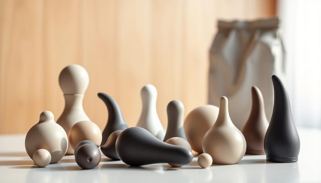 A sleek, modern product display showcasing a curated "anal training kit". The foreground features an array of high-quality silicone toys of various sizes and textures, arranged neatly on a clean, white surface. Soft, natural lighting gently illuminates the products, highlighting their smooth, seamless design. In the middle ground, a minimalist, wooden backdrop provides a serene, uncluttered setting, complementing the premium aesthetic. The background subtly blurs into a warm, neutral tone, allowing the focus to remain solely on the thoughtfully selected training tools. The overall mood is one of sophistication, approachability and attention to detail - reflecting the article's emphasis on safe, gentle and enjoyable anal exploration for first-time users.
