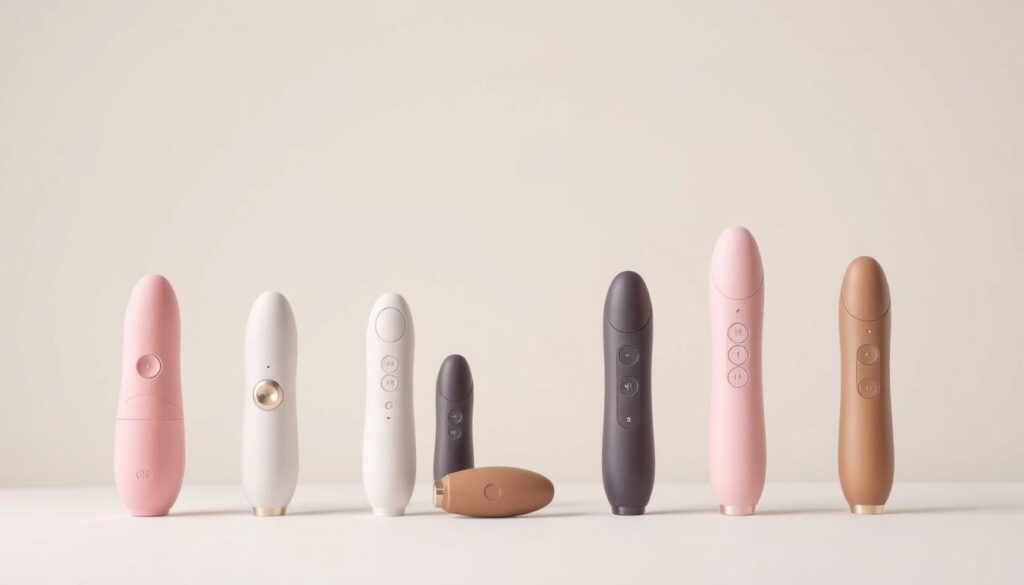 A sleek, modern set of vibrators with simple, intuitive controls is displayed against a clean, minimal background. The devices are rendered in a muted color palette, with a soft, diffused lighting that highlights their elegant, user-friendly design. The foreground features the vibrators arranged in an inviting, symmetrical composition, showcasing their streamlined silhouettes and discreet buttons or dials. The middle ground provides a sense of depth, with a subtly textured surface or plain backdrop that allows the products to take center stage. The overall atmosphere conveys a sense of calm, approachable sophistication, perfectly suited for a beginner-friendly guide on intimate wellness tools.