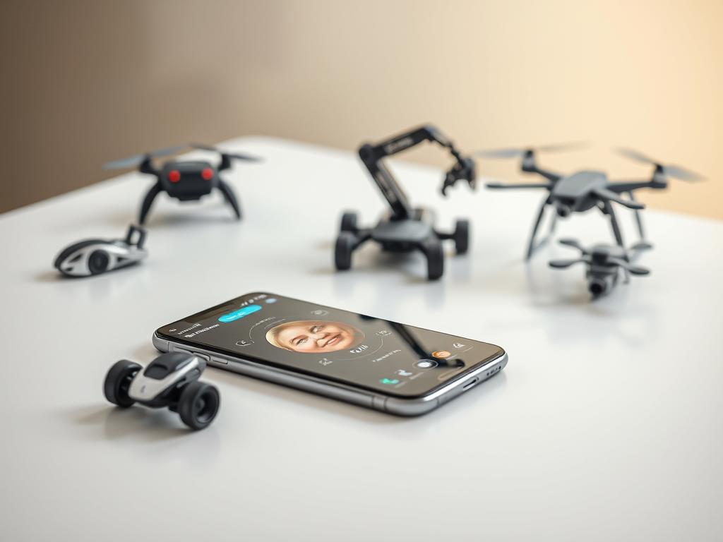 A sleek, modern smartphone rests on a minimalist, white tabletop, its screen glowing with an intuitive app interface. Surrounding it, an array of app-controlled toys come to life - a high-tech RC car zips across the surface, a robotic arm gracefully moves, and a small drone hovers nearby, its camera capturing the scene. Soft, diffused lighting from above casts a warm, inviting ambiance, highlighting the seamless integration of technology and playful interaction. The overall composition conveys a sense of wonder and the power of mobile devices to enhance long-distance connections through innovative, app-enabled toys.