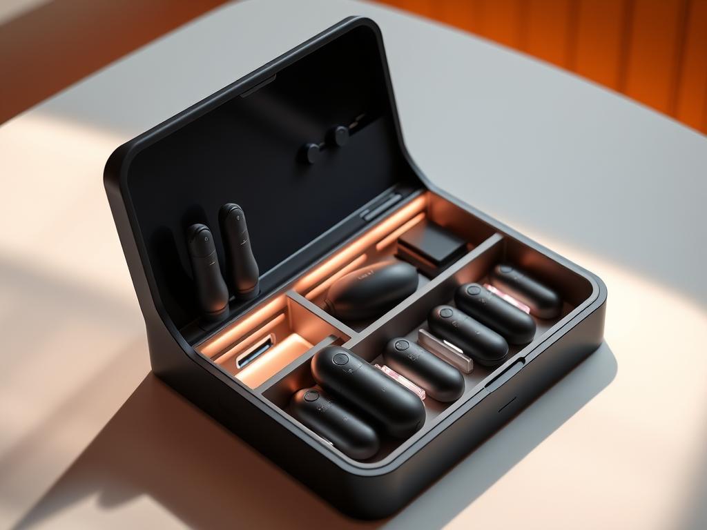 A sleek, modern storage unit for rechargeable remote-controlled vibrators. The unit is made of smooth, matte black plastic with a minimalist design. It has several compartments of varying sizes to accommodate different vibrator models, each with its own charging port. Soft LED lights illuminate the interior, providing a sophisticated ambiance. The unit sits on a clean, white surface, bathed in warm, directional lighting that casts subtle shadows. The overall mood is one of elegance, discretion, and functionality - a thoughtful way to store and charge these intimate devices.