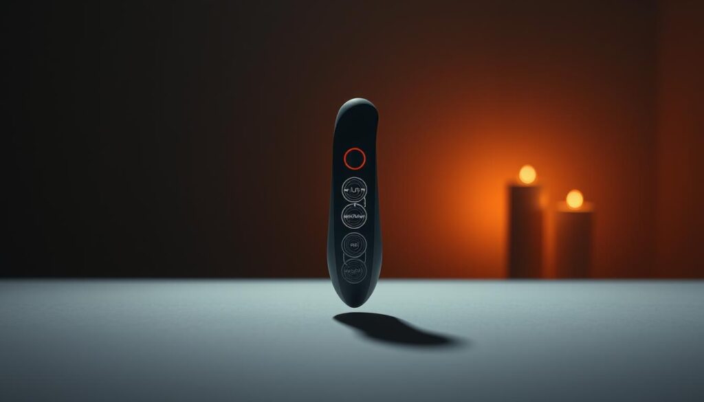 A sleek, modern vibrator hovers in the foreground, its curved silhouette casting soft shadows on a minimalist, monochromatic surface. The device's controls are illuminated, displaying a range of vibration settings, each represented by an intricate pattern of undulating lines and geometric shapes. In the background, a warm, moody lighting bathes the scene, creating a sense of intimacy and focus. The camera angle is slightly elevated, giving the viewer a sense of contemplation and exploration of the customizable pleasure-inducing tool.