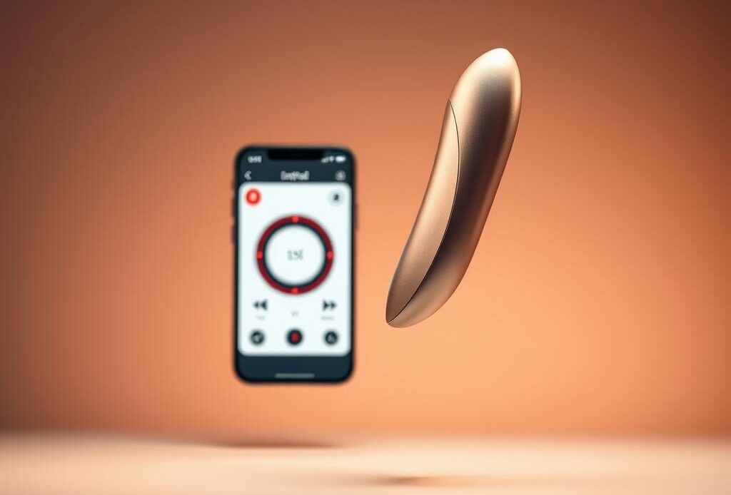 A sleek, modern vibrator levitates in the foreground, its elegant curves and metallic finish gleaming under warm studio lighting. In the middle ground, a smartphone displays a vibrant, intuitive control interface, allowing precise manipulation of the vibrator's intensity and patterns. The background fades into a clean, minimalist setting, emphasizing the device's streamlined, high-tech aesthetic. The overall scene conveys a sense of sophistication, innovation, and effortless control, perfectly capturing the essence of app-controlled intimate tech.