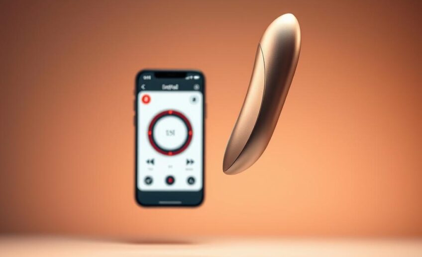 A sleek, modern vibrator levitates in the foreground, its elegant curves and metallic finish gleaming under warm studio lighting. In the middle ground, a smartphone displays a vibrant, intuitive control interface, allowing precise manipulation of the vibrator's intensity and patterns. The background fades into a clean, minimalist setting, emphasizing the device's streamlined, high-tech aesthetic. The overall scene conveys a sense of sophistication, innovation, and effortless control, perfectly capturing the essence of app-controlled intimate tech.