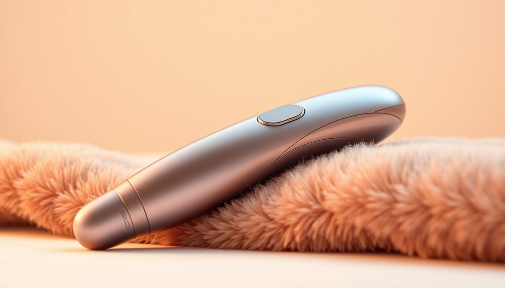 A sleek, modern vibrator rests on a soft, plush surface, its metallic finish gleaming under warm, diffused lighting. The device is positioned at a slight angle, highlighting its ergonomic design and intuitive controls. The background is clean and minimalist, allowing the vibrator to take center stage and draw the viewer's attention to its purpose - providing external stimulation and pleasure. The image conveys a sense of sophistication, sensuality, and attention to detail, reflecting the high-quality experience the vibrator is designed to deliver.