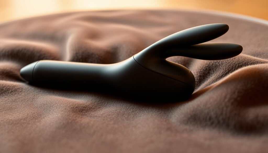 A sleek, modern vibrator sits on a plush, velvet surface, its smooth, contoured form glistening under warm, indirect lighting. The shaft tapers gracefully, leading up to a prominent, ergonomic rabbit-ear attachment that appears both alluring and functional. The vibrator's matte black finish exudes a sense of sophistication and luxury, while the subtly textured surface adds a tactile element. The image is captured from a slightly elevated angle, creating a sense of refined elegance and highlighting the vibrator's thoughtful design.
