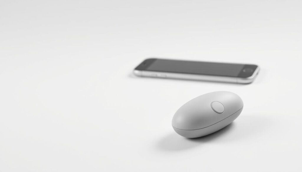 A sleek, modern vibrator with a minimalist design, resting on a white background. The vibrator's smooth, curved form is accentuated by soft, diffused lighting, creating a sense of sophistication and technology. In the foreground, the vibrator's surface reflects the light, hinting at its smooth, high-quality materials. In the middle ground, the vibrator is positioned alongside a smartphone, suggesting its app-compatibility and integration with modern digital devices. The background is a simple, clean white, allowing the vibrator and smartphone to take center stage and showcasing their modern, user-friendly aesthetic.