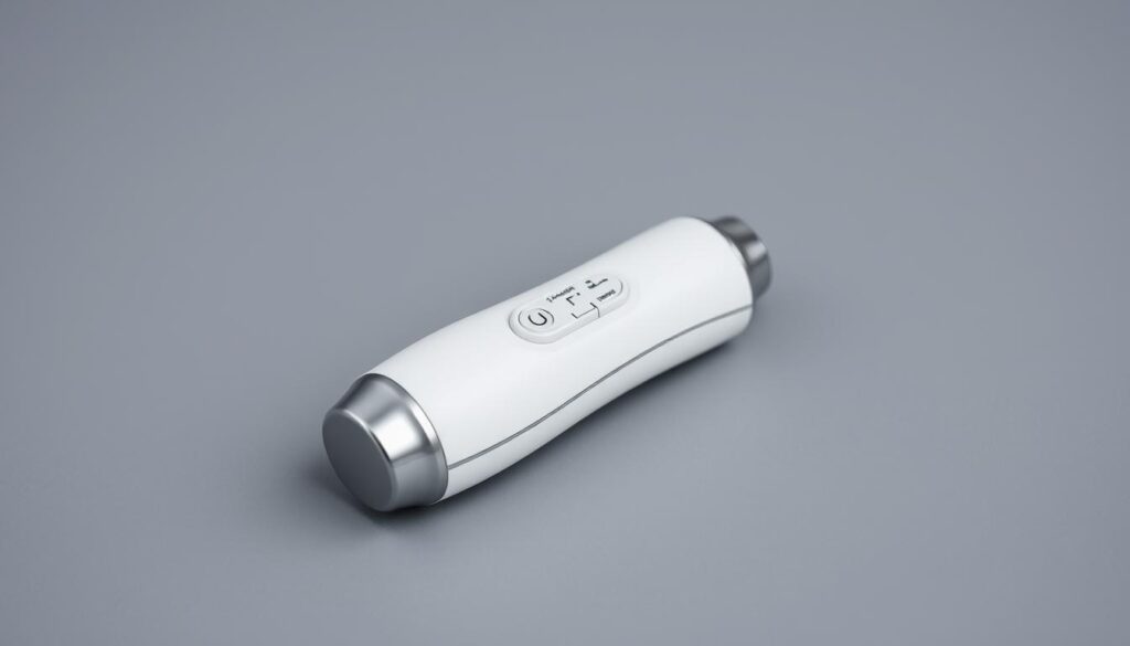 A sleek, modern vibrator with multiple settings and modes is prominently displayed on a minimalist backdrop. The chrome and silicone device rests on a cool gray surface, accentuated by soft, even lighting that highlights its contours and subtle textures. The foreground focus draws the viewer's attention to the vibrator's intuitively designed controls, allowing them to imagine the range of pleasurable sensations it can provide. The overall mood is one of discreet sophistication, suggesting a portable, subtle pleasure object tailored for on-the-go enjoyment.