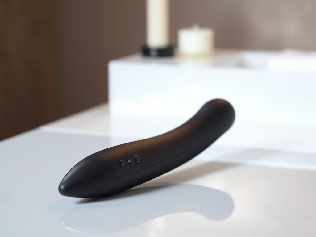 A sleek, modern waterproof vibrator rests on a smooth, reflective surface, its contours subtly illuminated by soft, diffused lighting. The device's matte black exterior is accented with discreet control buttons, hinting at its advanced app-enabled functionality. In the background, a minimalist setting evokes a sense of luxurious, spa-like tranquility, creating an atmosphere of indulgence and self-care. The composition emphasizes the vibrator's elegant design and advanced waterproof capabilities, inviting the viewer to imagine the possibilities for solo or couple's play.
