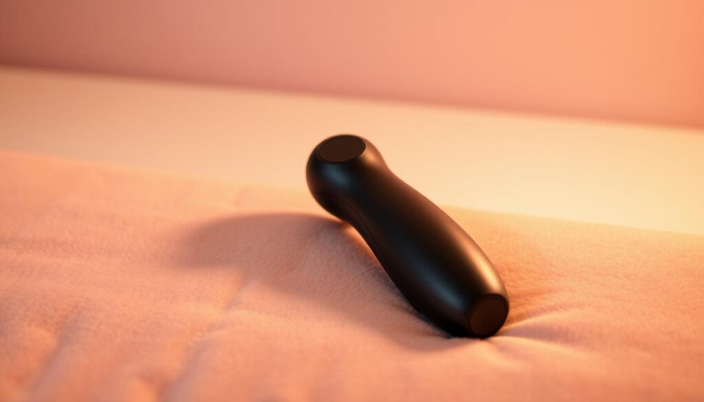 A sleek, remote-controlled vibrator rests on a plush, velvet surface, its smooth, discreet design exuding an air of sophistication. The device's subtle curves catch the warm, soft lighting, creating alluring highlights that hint at the pleasure it can deliver. In the background, a pastel-hued, minimalist backdrop sets a calming, intimate mood, inviting the viewer to imagine the sensations and connection this remote-controlled toy could foster between partners.