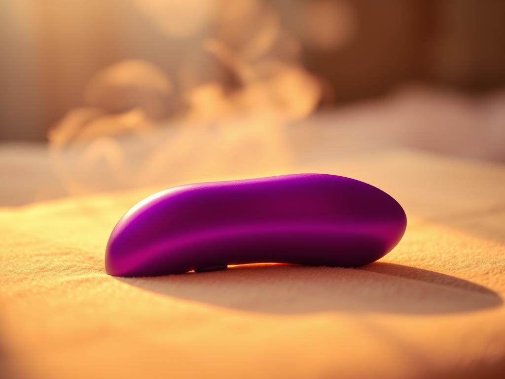 A smoothly contoured, electrifying purple vibrator rests gently on a soft, velvet-like surface. Warm, golden lighting casts a sensual glow, accentuating the sleek, streamlined design. The vibrator appears poised, exuding a promise of pleasure and indulgence. In the background, a hazy, dreamlike atmosphere envelops the scene, creating an intimate, alluring ambiance. The overall composition conveys a sense of anticipation and the tantalizing warmth of a heightened, sensual experience.