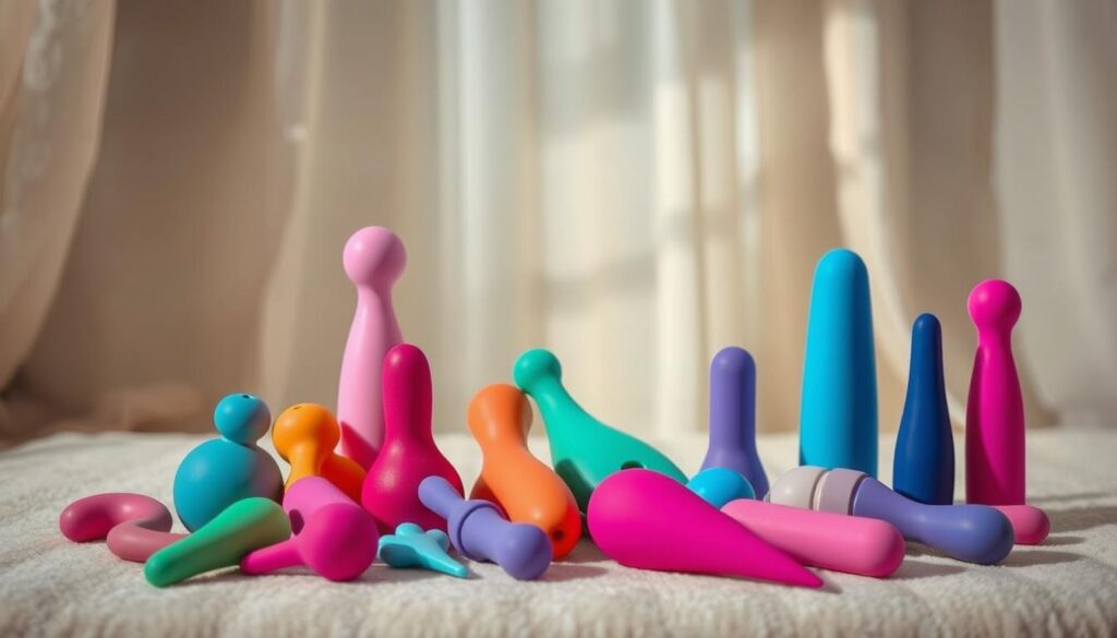 A softly lit, artfully composed still life featuring an assortment of premium, body-safe postpartum sex toys. The foreground showcases a range of vibrant, ergonomic toys in a variety of shapes and sizes, arranged harmoniously on a plush, neutral-toned surface. The middle ground features a subtle backdrop, perhaps a simple curtain or sheer fabric, that adds a sense of intimacy and warmth. The lighting is gentle and flattering, casting a faint glow and creating subtle shadows that highlight the toys' tactile details. The overall mood is one of tasteful sophistication, inviting the viewer to consider the important role such products can play in the postpartum recovery and intimacy process.