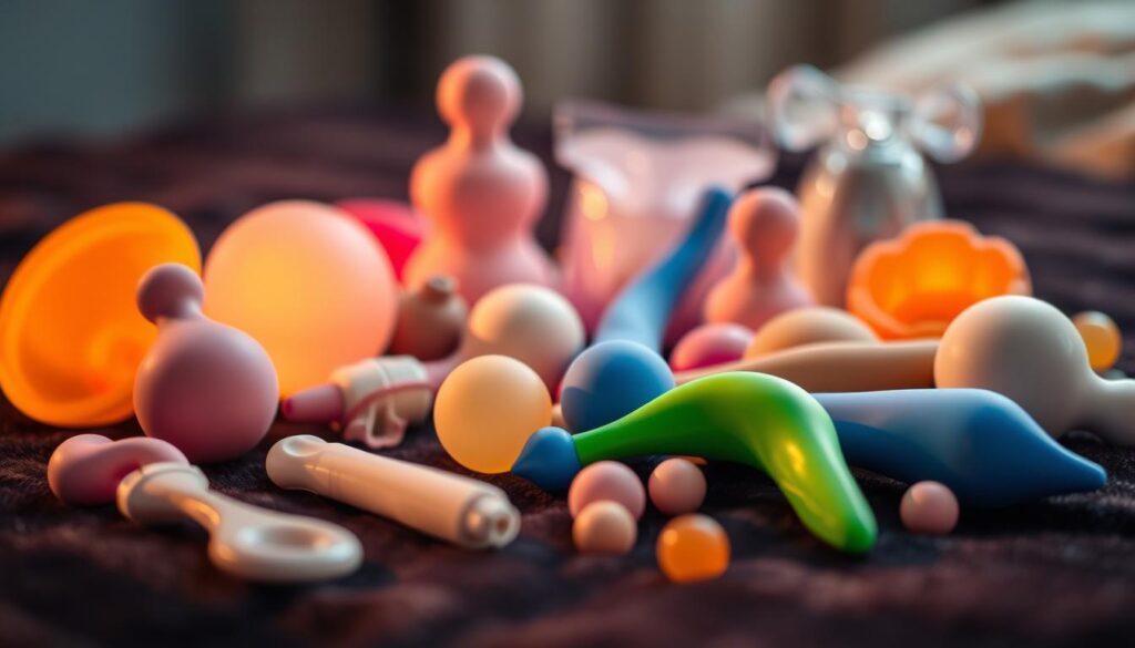 A softly lit, close-up image of various beginner-friendly anal play toys arranged on a dark, velvety surface. The toys are displayed in an artistic, visually appealing manner, showcasing their shapes, textures, and sizes. The lighting is warm and gentle, creating a soothing, inviting atmosphere. The perspective is slightly elevated, allowing the viewer to examine the toys from an informative, educational standpoint. The background is intentionally blurred, keeping the focus on the carefully selected anal play toys.