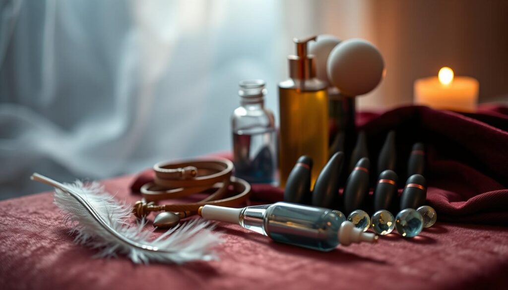 A softly lit, elegant composition featuring a selection of sensual foreplay tools arranged on a plush velvet surface. In the foreground, a delicate feather, a set of silky restraints, and a smooth glass dildo glisten under the warm lighting. In the middle ground, a crystal clear massaging oil bottle and an array of petite, jewel-toned vibrators are displayed. The background fades to a hazy, romantic atmosphere, evoking a sense of intimacy and anticipation. The overall mood is one of refined, luxurious eroticism, suitable for enhancing foreplay between couples.