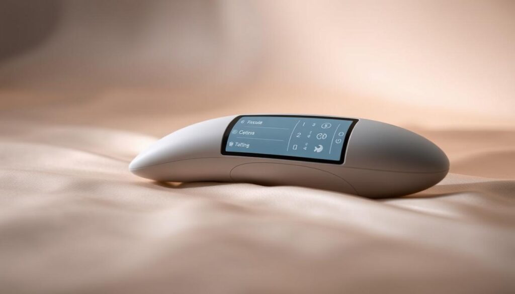 A sophisticated and elegantly designed vibrator rests on a luxurious, satin-like surface, its interface displaying a range of customizable settings. The vibrator's sleek, minimalist form is illuminated by soft, diffused lighting, creating a serene and inviting atmosphere. The background fades into a neutral, muted palette, allowing the vibrator and its interface to take center stage, inviting the viewer to explore the possibilities of personalized pleasure. The overall composition conveys a sense of refined sophistication and sensuality, perfectly capturing the essence of the "Exploring Vibrator Settings for Personalized Pleasure" section of the article.