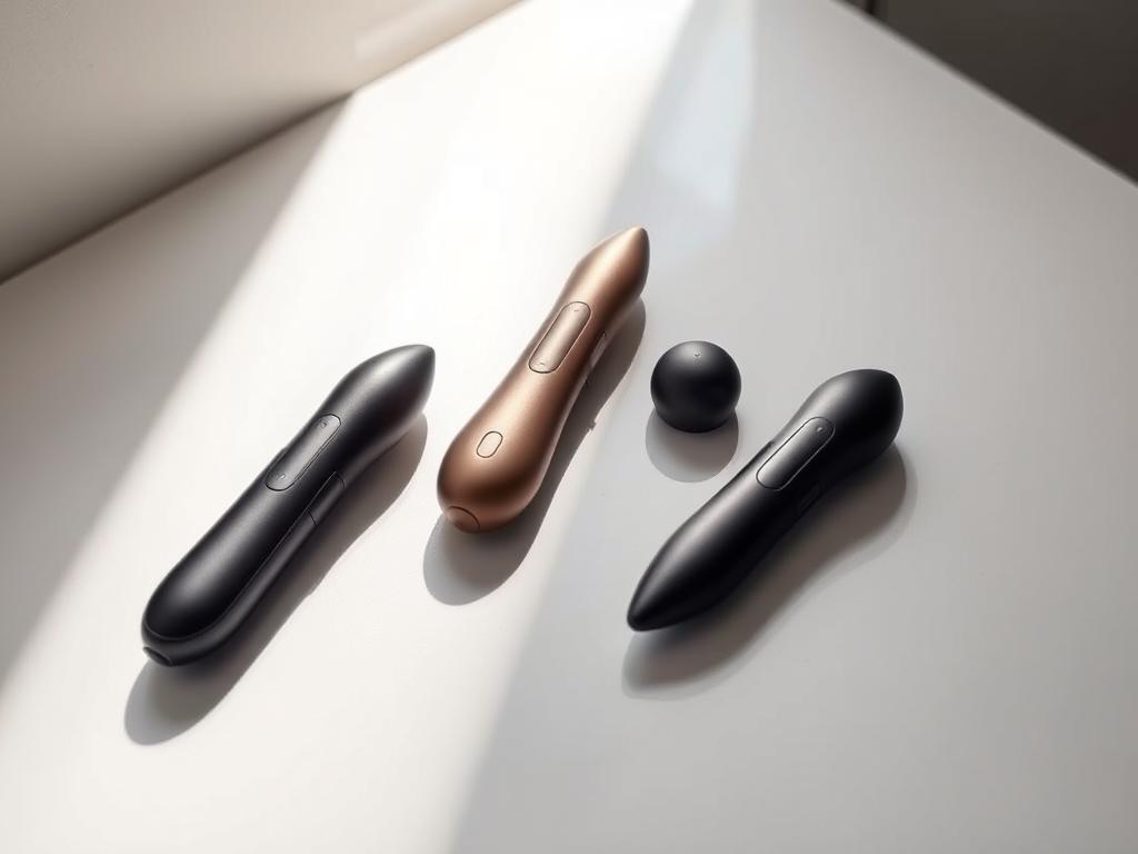 A sophisticated arrangement of three high-quality rechargeable vibrators on a sleek, minimalist surface, illuminated by soft, natural lighting from the side. The vibrators are presented in an aesthetically pleasing manner, showcasing their elegant, streamlined designs and discreet, modern appearance. The image has a clean, professional look, with a focus on the products' key features and capabilities to serve as an informative visual accompaniment to the article's content.