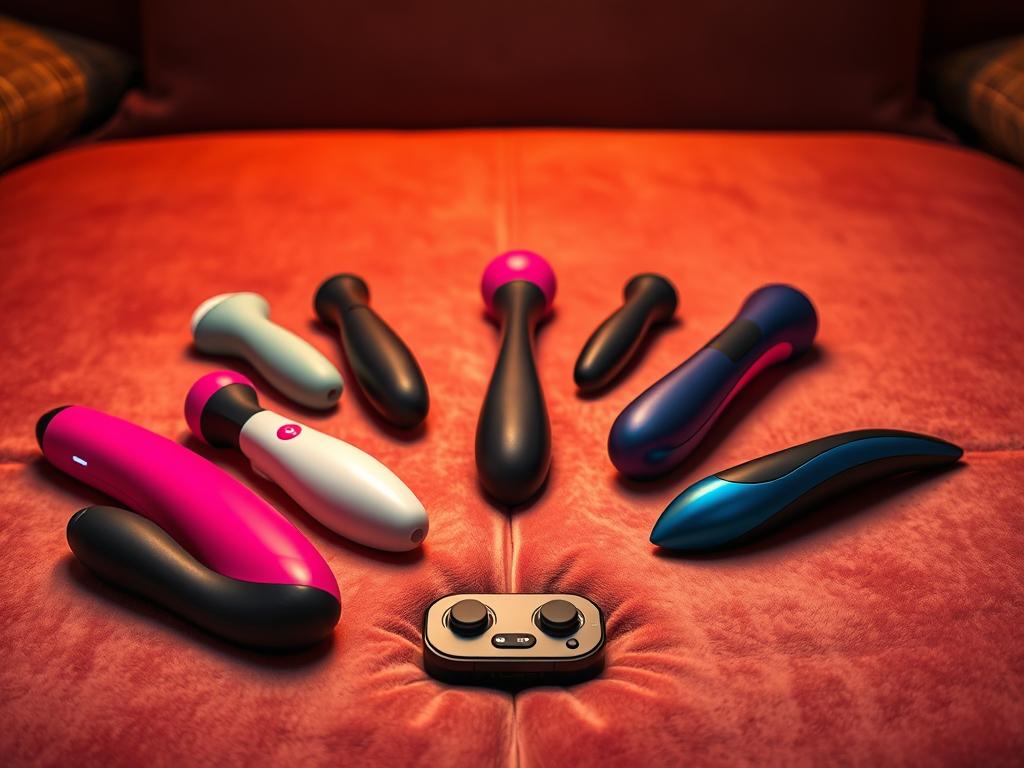 A sophisticated arrangement of various remote-controlled sex toys rests on a plush, velvet-covered surface. The toys are meticulously detailed, featuring sleek, ergonomic designs in a range of vibrant colors. Soft, diffused lighting from above casts a warm, sensual glow, highlighting the smooth, tactile textures of the devices. In the middle ground, a discreet remote control with intuitive controls beckons the user, promising a customizable, immersive experience. The background suggests a luxurious, private setting, evoking a sense of intimacy and indulgence. The overall composition conveys a balance of techno-sensuality and refined aesthetics, inviting the viewer to explore the world of remote-controlled pleasure.