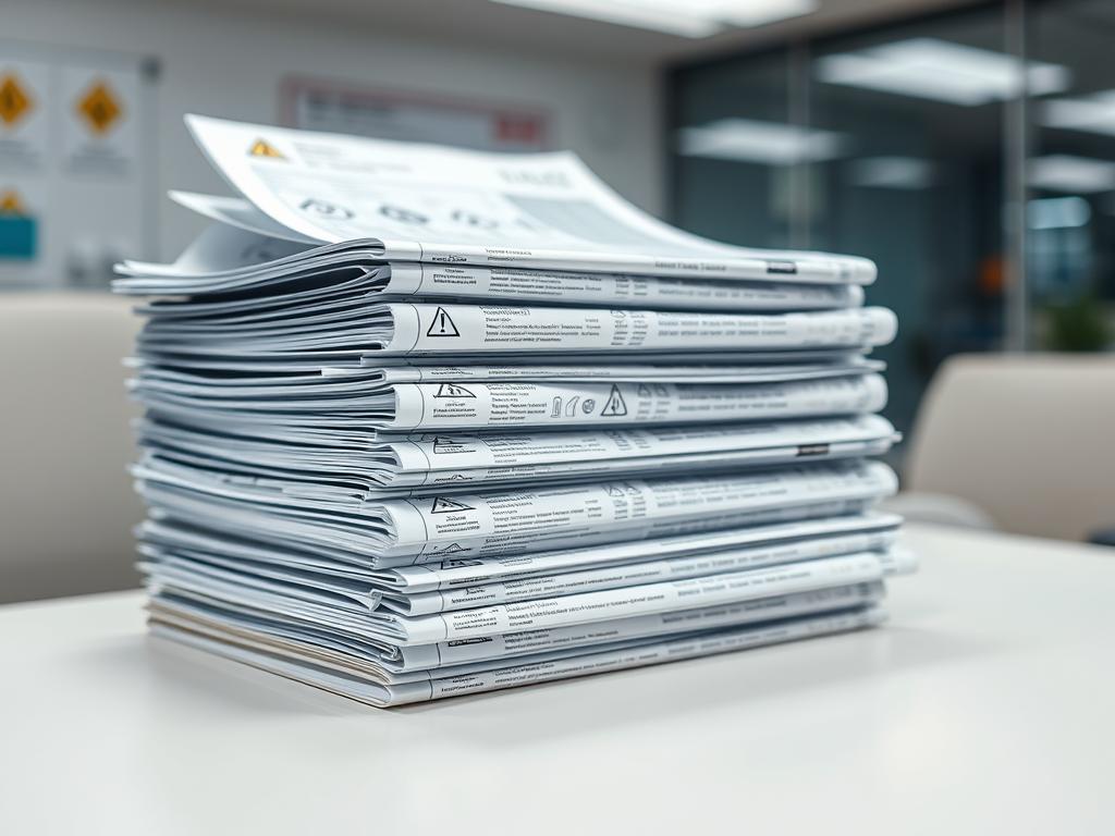 A stack of various material safety data sheets and certification documents, neatly arranged on a clean, well-lit office desk. The sheets showcase symbols, icons, and detailed technical information about the composition, hazards, and handling requirements for different types of industrial materials and products. The lighting is soft and even, creating a professional, authoritative atmosphere. The camera angle is slightly elevated, providing a comprehensive view of the contents and layout of the desk. The background is blurred, keeping the focus on the important safety documentation at the center of the image.